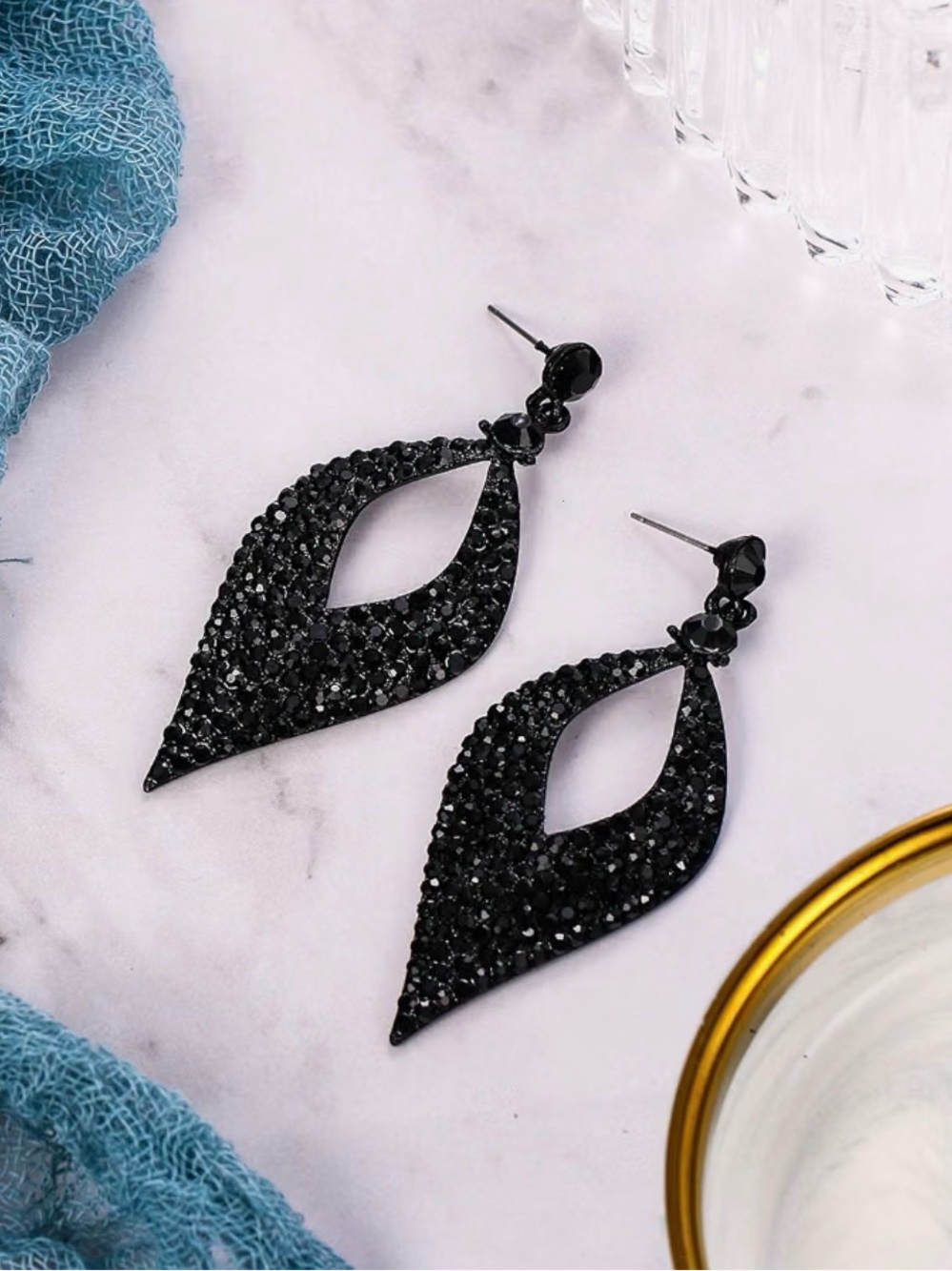 Black Crystal Leaf-Shape Drop Earrings - Women's Jewelry